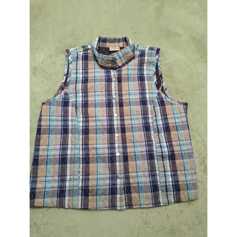 Baxter Wells Quilted Vest Womens plus size 1X Plaid Blue/Tan button front